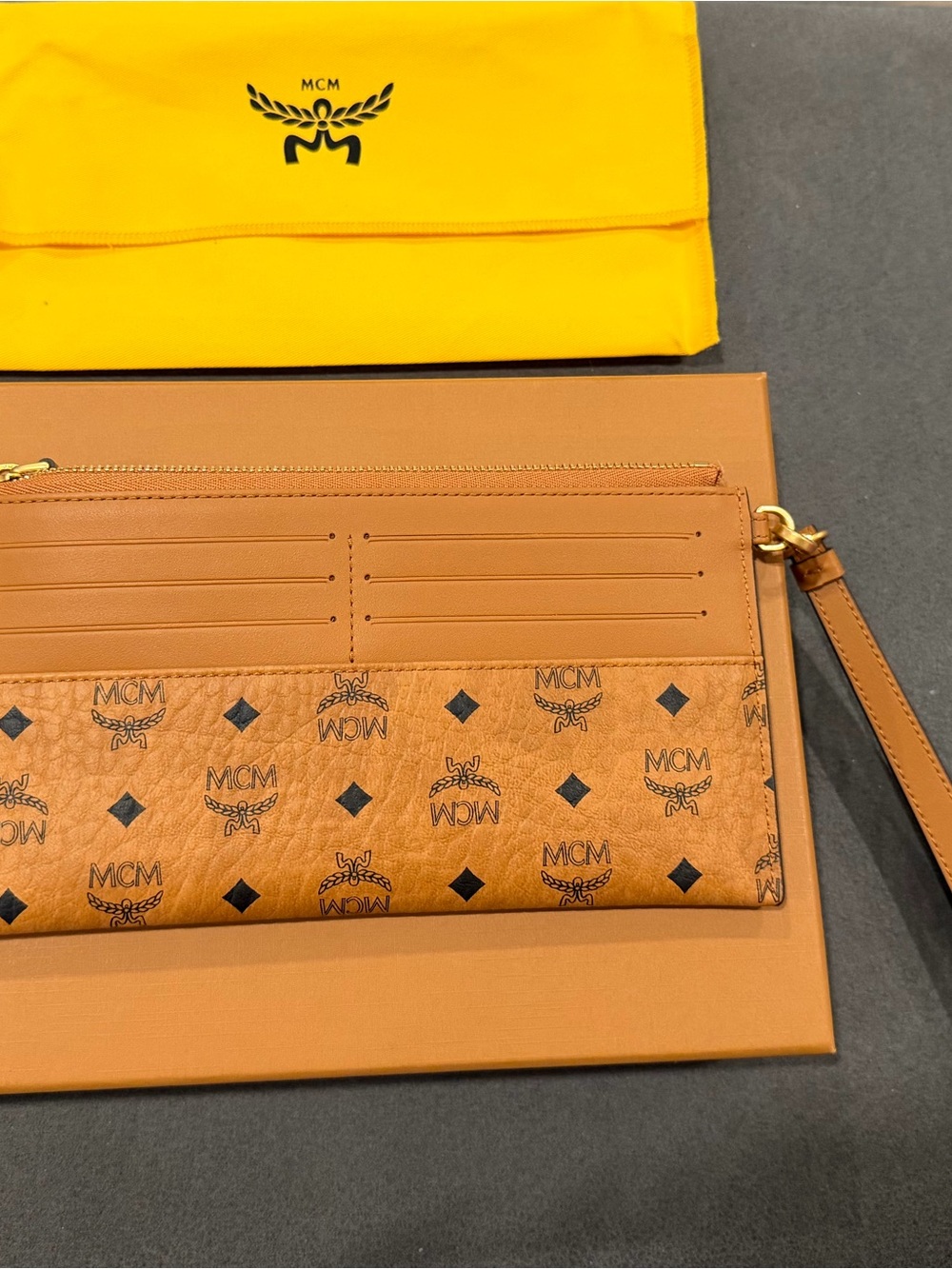 MCM Cognac Tan Visetos Logo Zip Pouch with Gold Plate - Picture 3 of 6